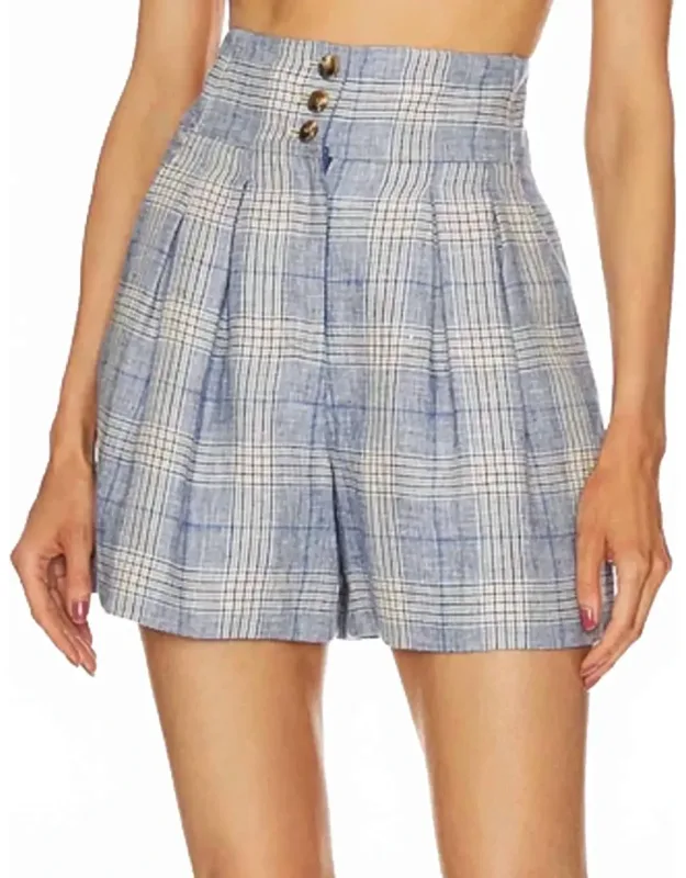 Plaid High Rise Wool Linen Blend Shorts