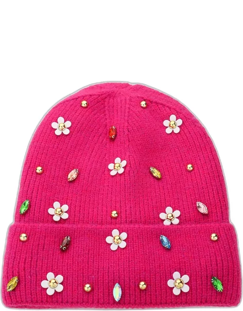 Fleece Lining Daisy Flower Stone Embellished Knit Beanie