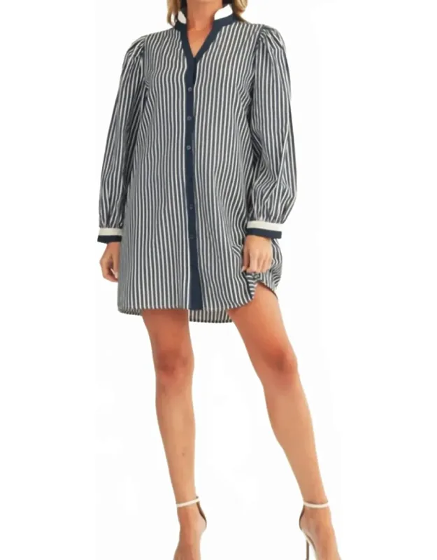 Long Puff Sleeve Button Down Stripe Shift Dress