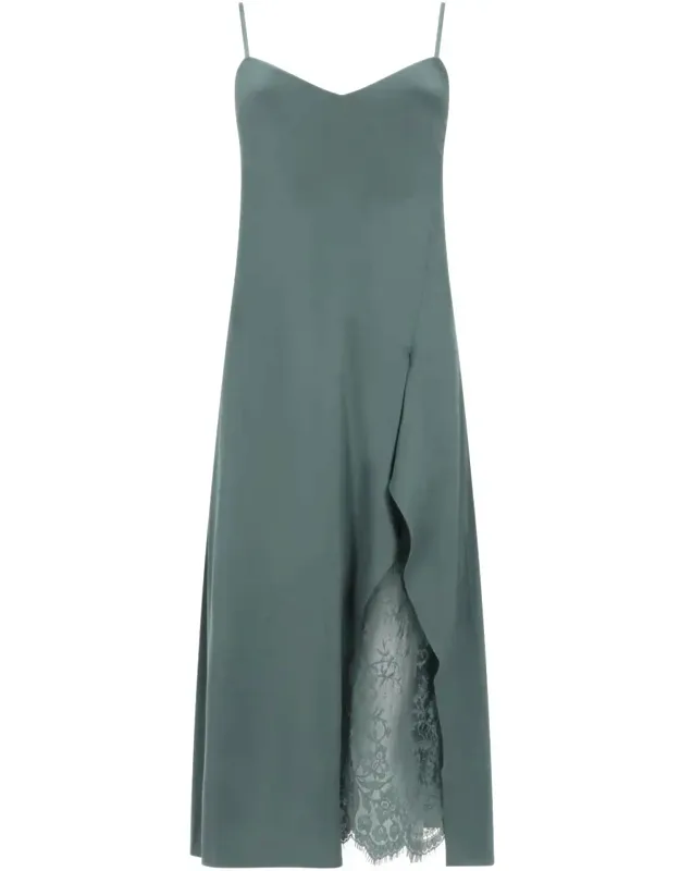 Satin Midi Dress With Ruffled Overlay And Lace Detail