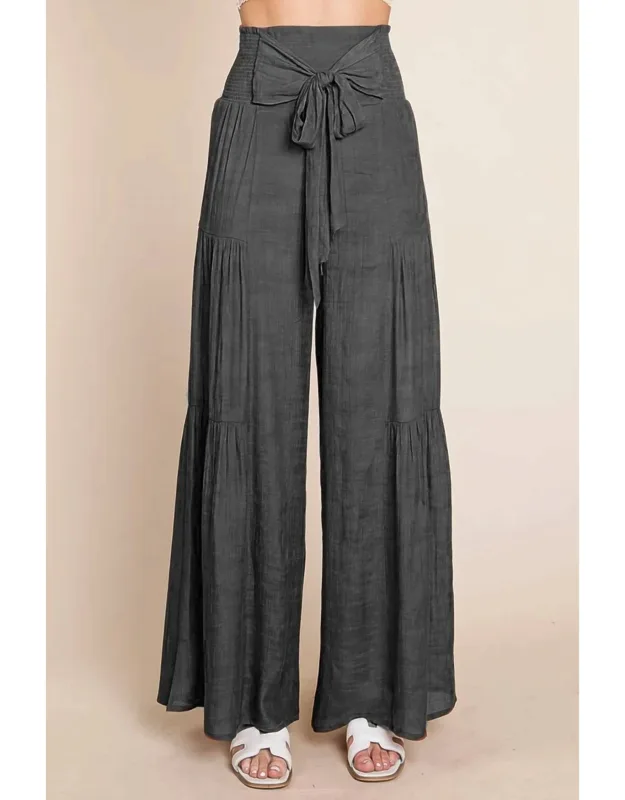 Tie Front Ruched Waist Back Pants