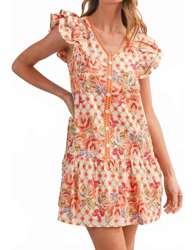 Tropical Print Flutter Sleeve Mini Dress