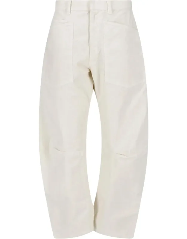 Cream Cotton Corduroy Rounded-leg Pants