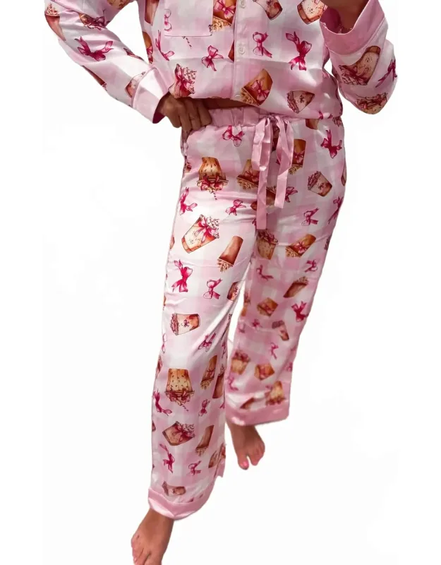 Coffee And Bows Print Satin Pajama Pants
