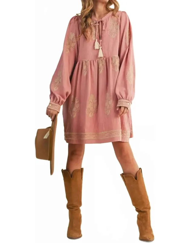Embroidered Long Puff Sleeve Mini Dress