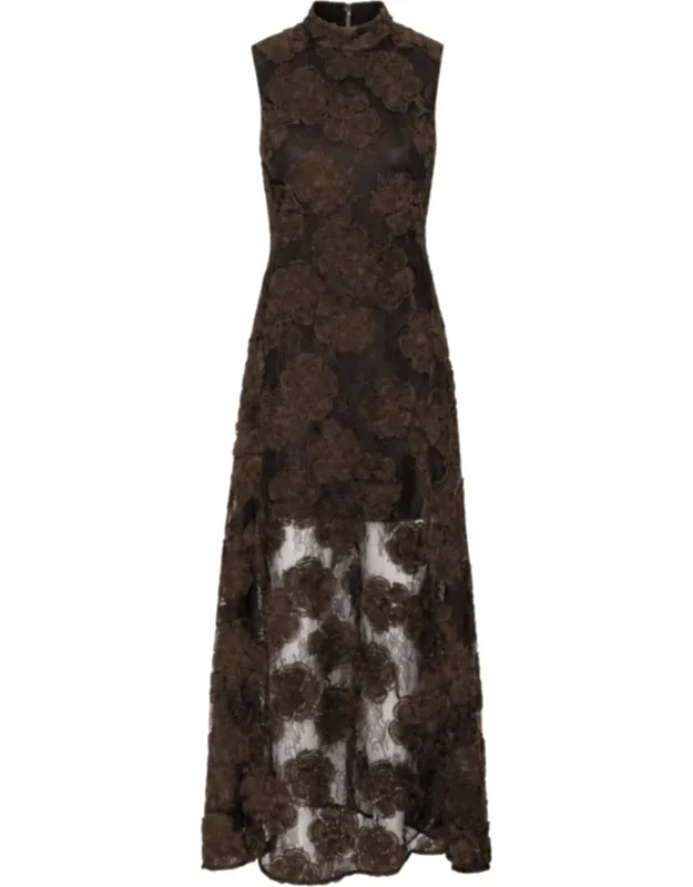 3d Floral High Neck Semi-sheer Maxi Dress
