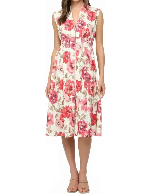 Multi Jacquard Zip Front Midi Dress