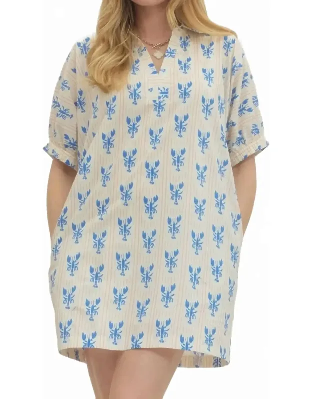 Lobster Printed Puff Sleeve Mini Dress