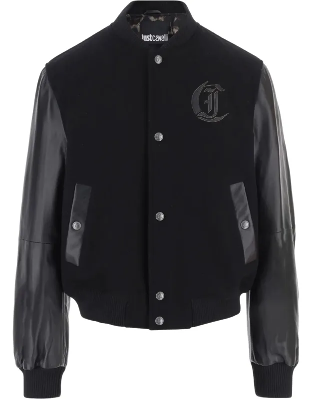 Varsity-style Wool Jacket With Leather Sleeves And Logo Detail