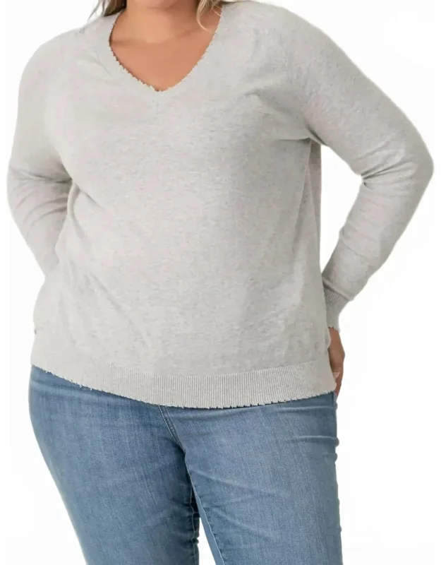 Cotton Cashmere Distressed Long Sleeve V-neck Sweater