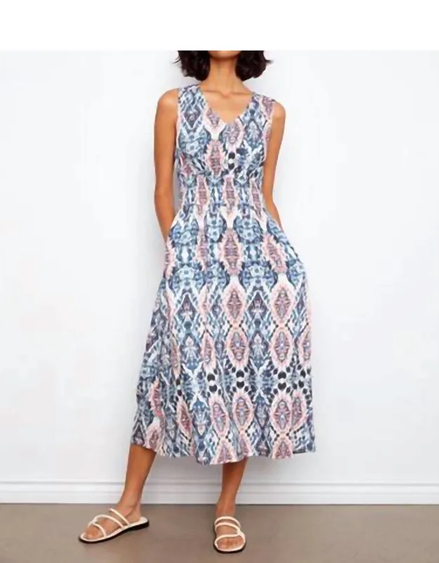 Smocked Printed Viscose Midi Dress