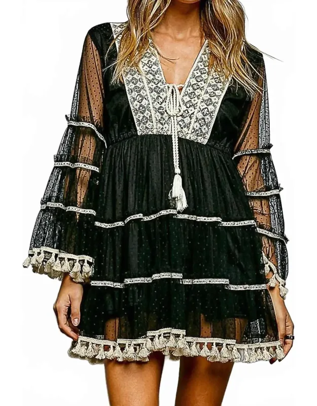 Split Embroidery Tassel Detail V-neck Flared Short Dress