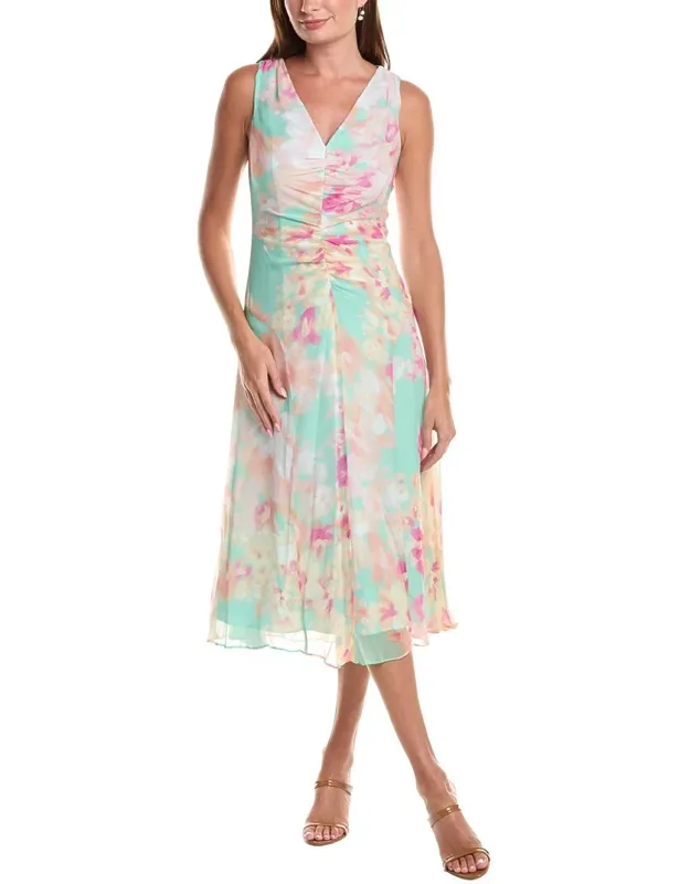 Chiffon Print V-neck Ruched Front Silk Midi Dress