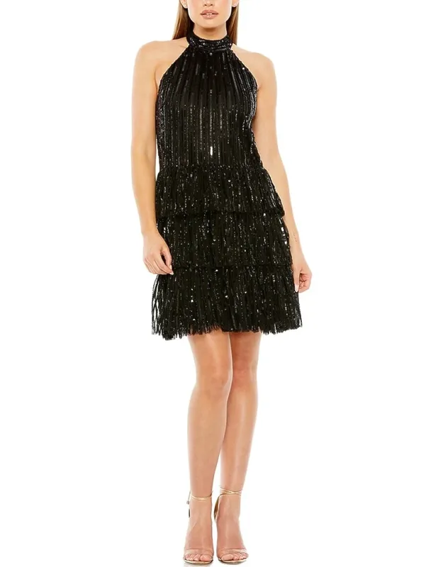High-neck A-line Ruffle Sequin Mini Dress