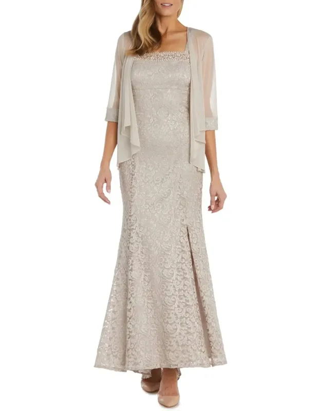 Sheer Jacket Beaded Lace Evening Dress