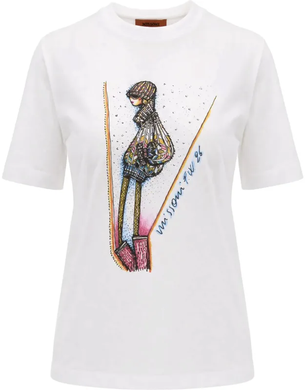Ribbed Crew Neck Illustrated Print Cotton T-shirt