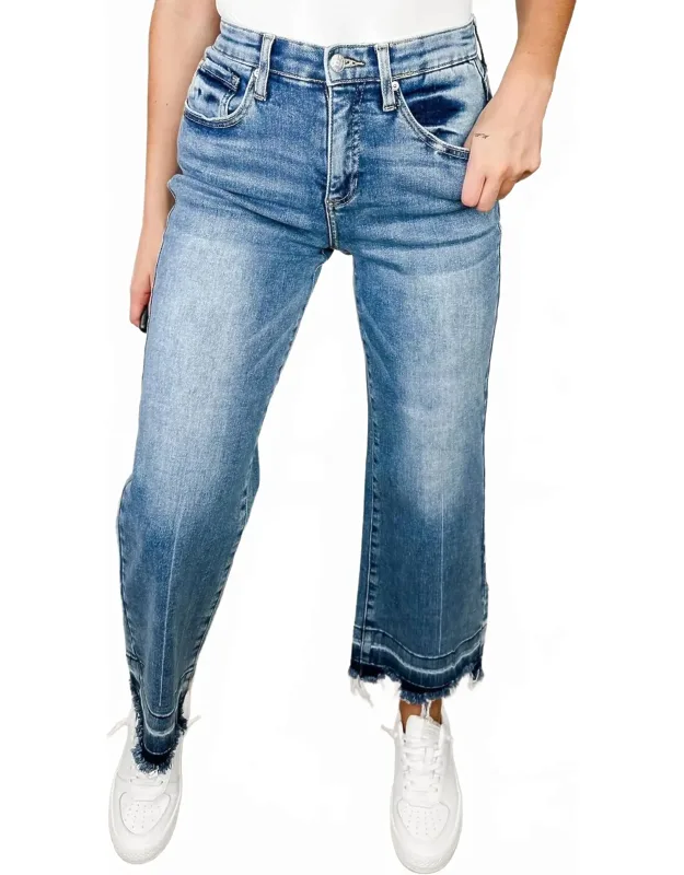 Tummy Control Distressed Wide Leg Cropped Jeans