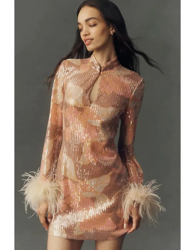 Sequin Feather-trim Mini Dress