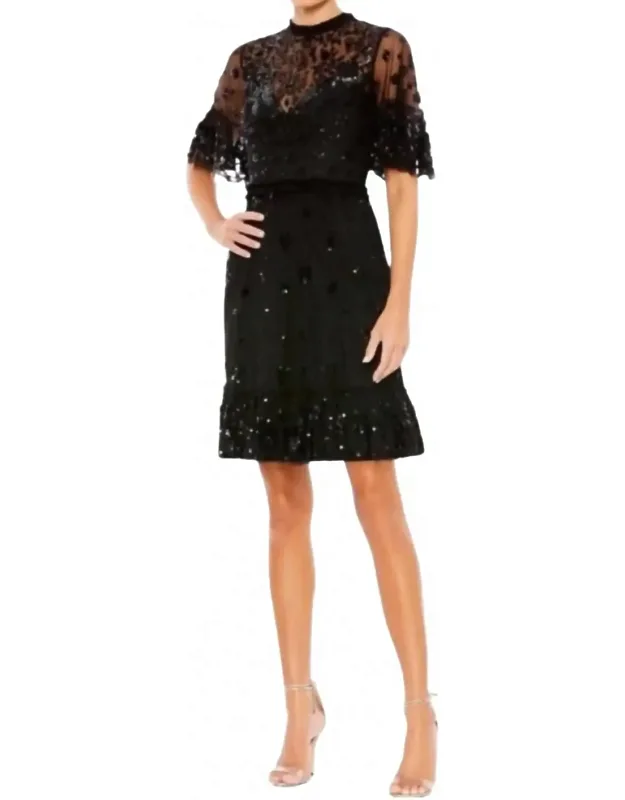 Embellished Illusion High Neck Mini Dress