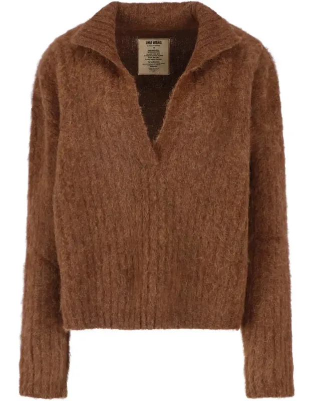 Cropped Alpaca Blend Sweater With Deep V-neckline And Long Sleeves