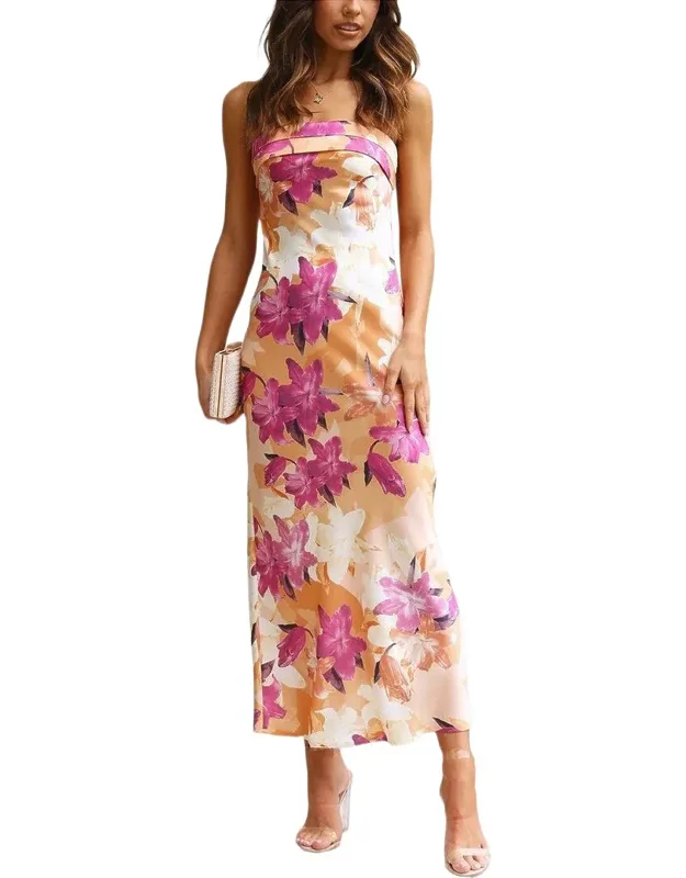 Maxi Dress - Apricot & Multicolor Print, 95% Polyester, 5% Spandex