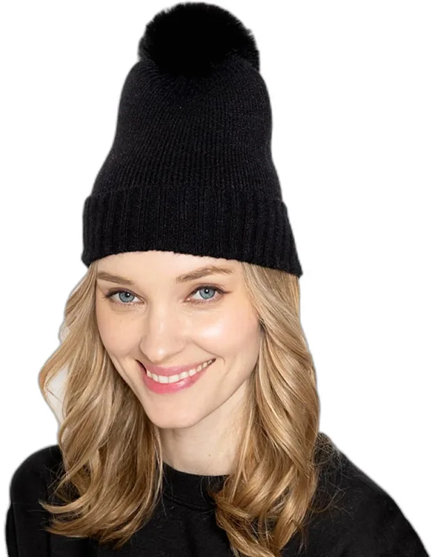 Knit Beanie Hat With Faux Fur Pom