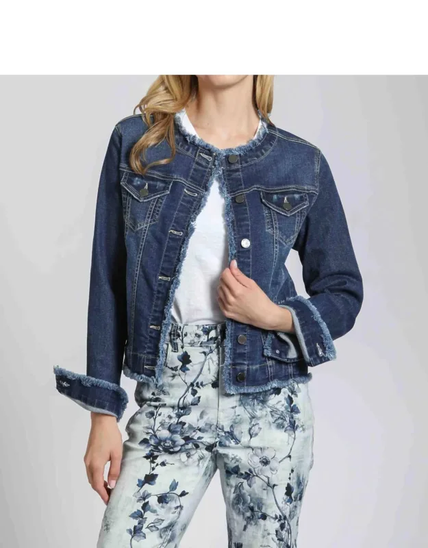 Collarless Jean Jacket With Frayed Detail