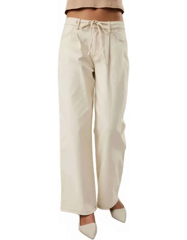 Drawstring Waist Pleated Twill Wide Leg Pants