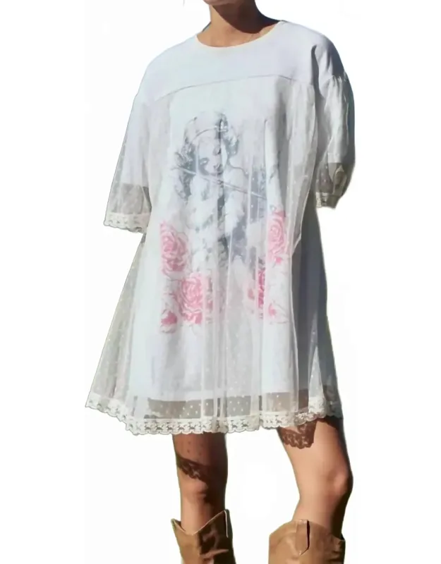 Angel Printed Terry Dotted Mesh Layered Dress
