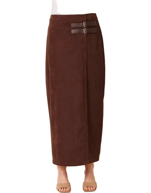 Faux Suede Side Buckle Midi Skirt
