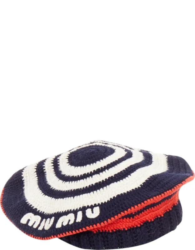 Logo Applique Striped Crochet Knit Beret Hat