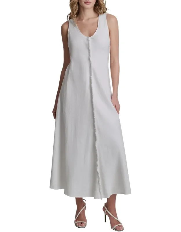 V-neck Fray Seam Linen Dress