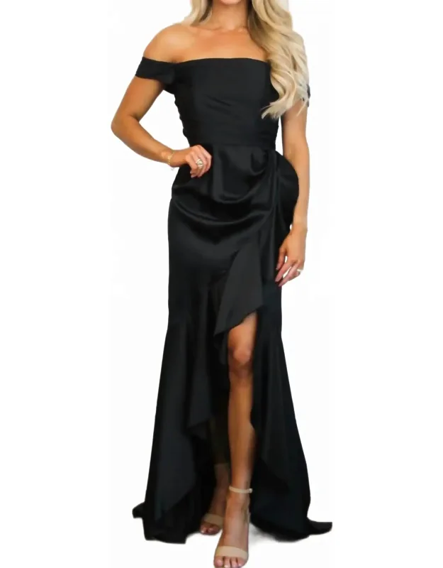 Renna Off Shoulder Satin Ruffle Maxi Dress
