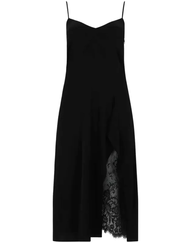 Satin Midi Dress With Asymmetrical Overlay And Lace Detailing