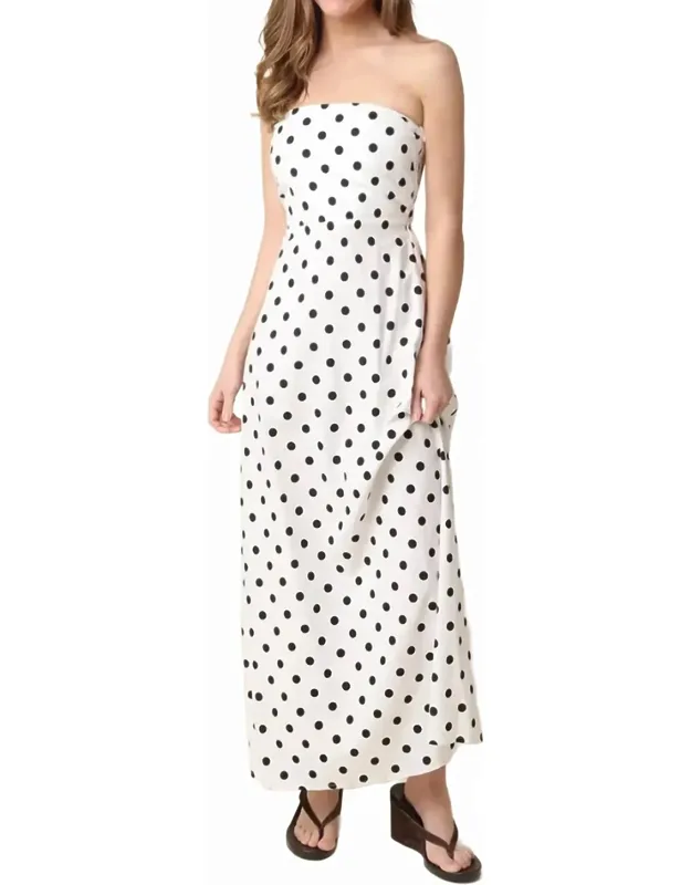 Cotton And Linen Strapless Polka Dot Maxi Dress