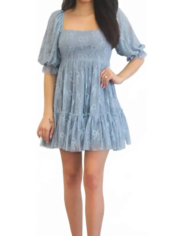 Square Neck Bow Pearl Babydoll Dress