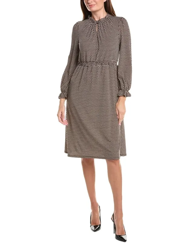 Printed Knit Moss Crepe Ruffle Neck Dress