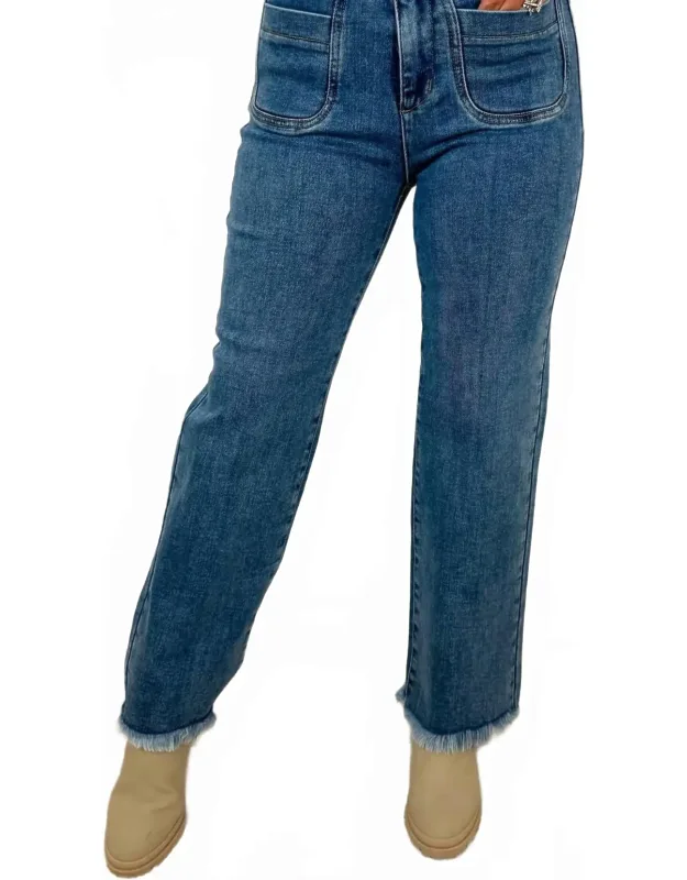 High-rise Fray Hem Adjustable Quad Button Bootcut Jeans