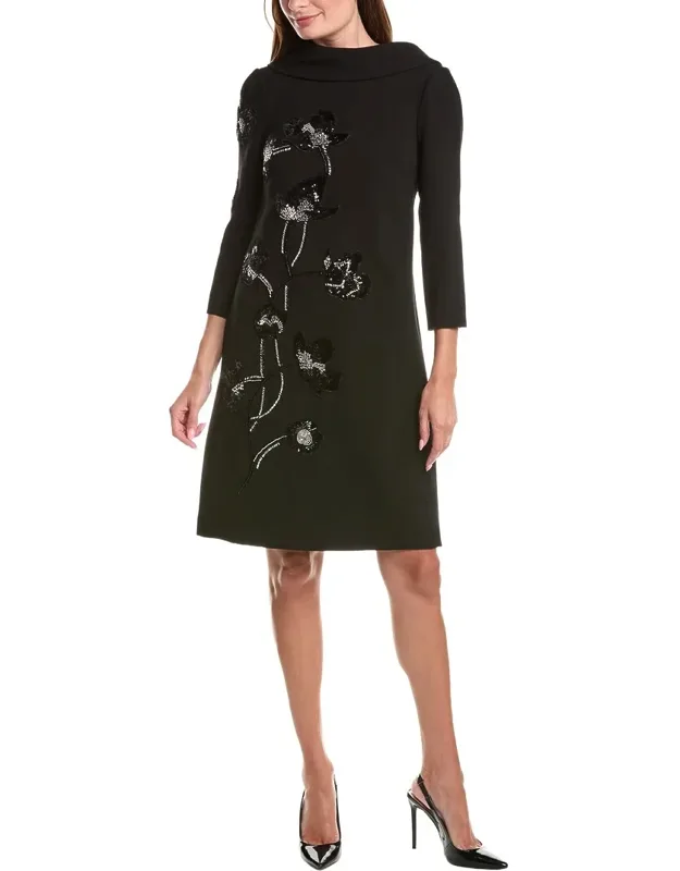 Crepe Cowl Neck 3/4-sleeve Beaded Flower Dress