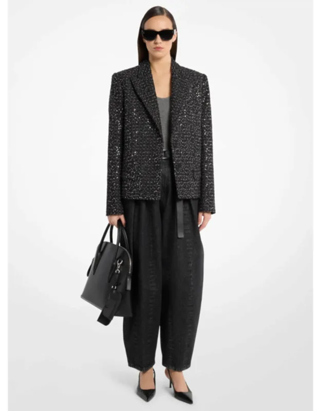 Sequined Denim Tweed Cropped Blazer