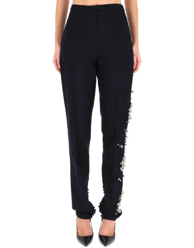 Floral Embellished Slim Straight-leg Wool Pants