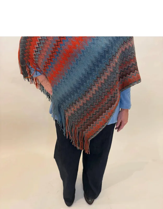 Vibrant Chevron Knit Fringe Poncho
