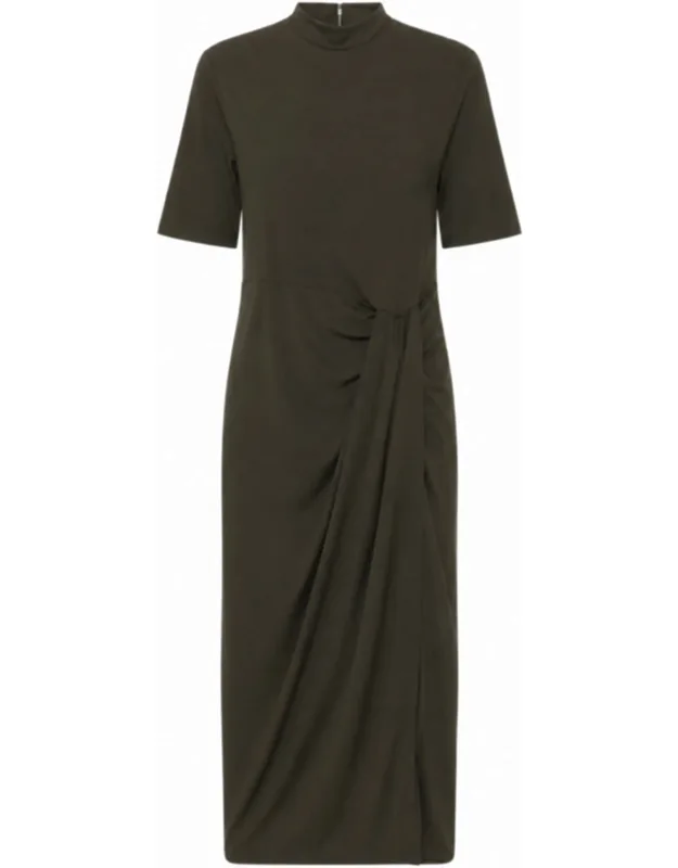High Neck Draped Waist Midi Dress