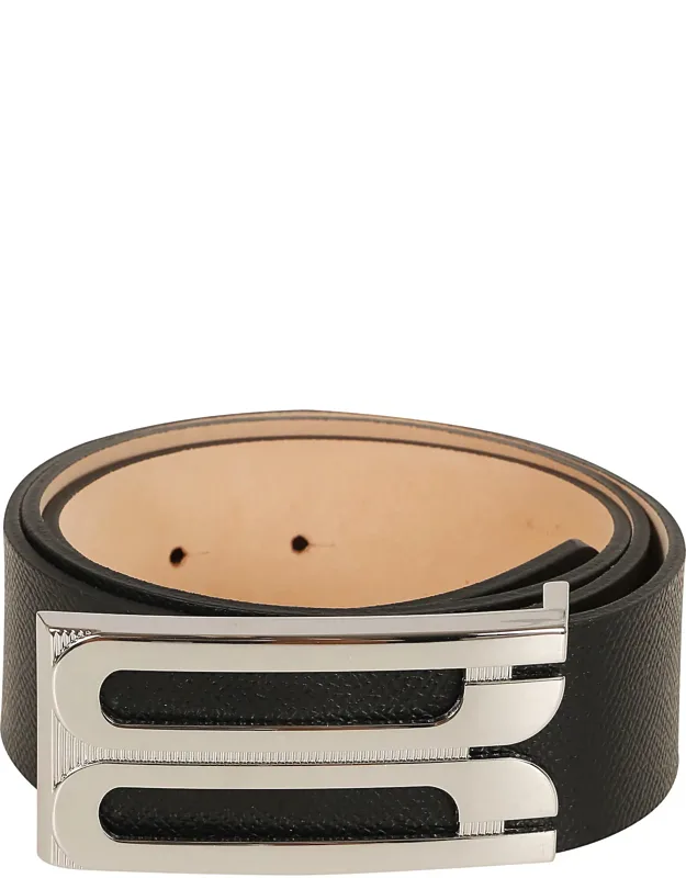 Grained Leather Belt With Silver-tone Logo Buckle