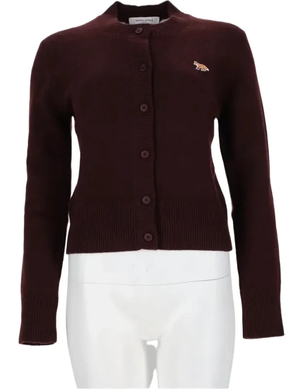 Fitted Wool Cardigan Sweater With Embroidered Logo