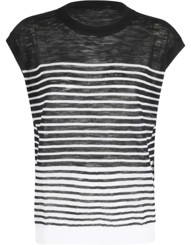 Ribbed Trim Striped Cotton-blend Top