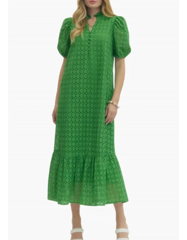 Laura Midi Dress In Eyelet With Puff Sleeves And Ruffled Hem