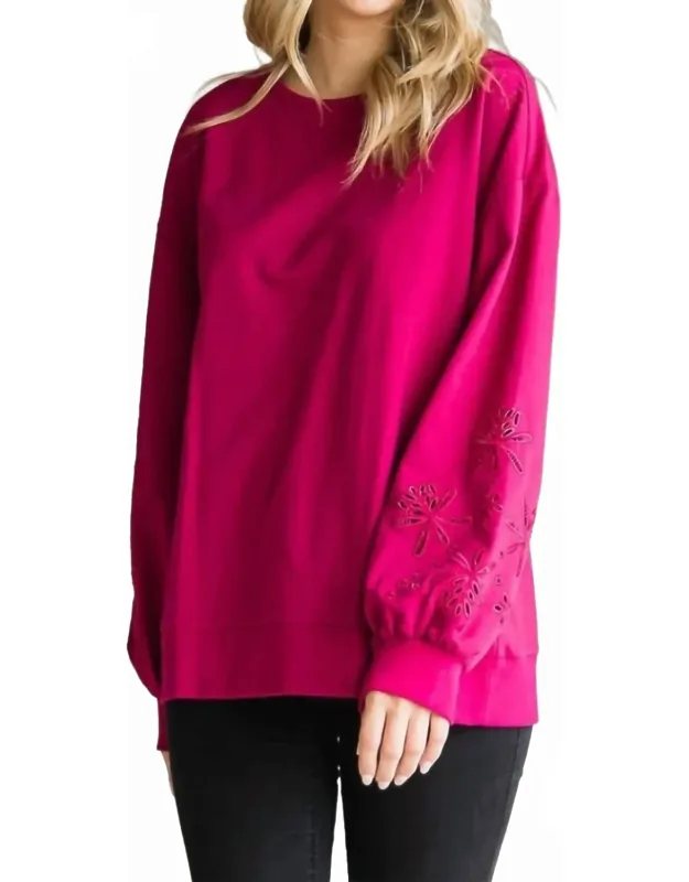 Embroidery Sleeve Terry Pullover Top