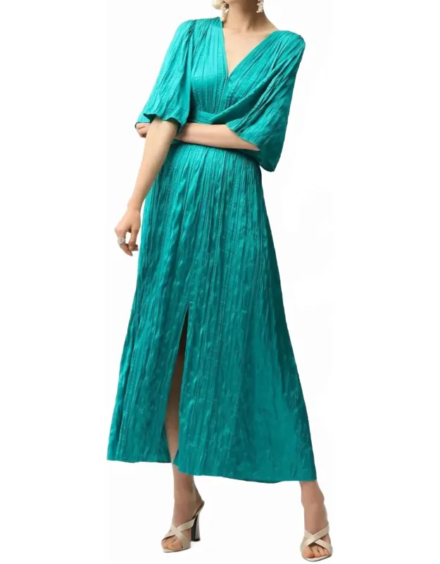 Pleated Satin V-neck Maxi Dress