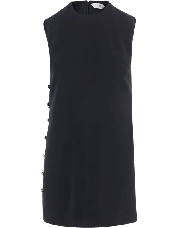 Sleeveless Gold Button Stretch Viscose Mini Dress